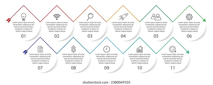 Diseño de plantillas de Infografía Empresarial. Concepto mínimo de línea de tiempo con 11 pasos de opciones e iconos de marketing. Infografía lineal vectorial con once elementos conectados. Puede utilizarse para los regalos de su empresa