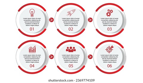 Business Infographic Template Design. Timeline with 6 marketing steps, options and icons. Vector linear infographic with six connected elements. Can be used for presentations in your business.