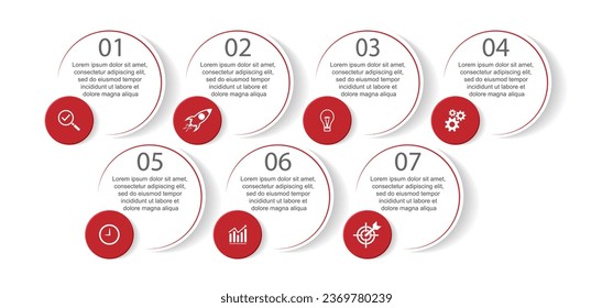 Infografik-Vorlagendesign für Unternehmen. Zeitstrahl mit 7 Marketingschritten, Optionen und Symbolen. Lineare Vektorgrafik mit sieben verbundenen Elementen. Kann für Präsentationen in Ihrem Unternehmen verwendet werden.