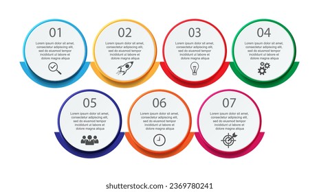 Business Infographic Template Design. Timeline with 7 marketing steps, options and icons. Vector linear infographic with seven connected elements. Can be used for presentations in your business.