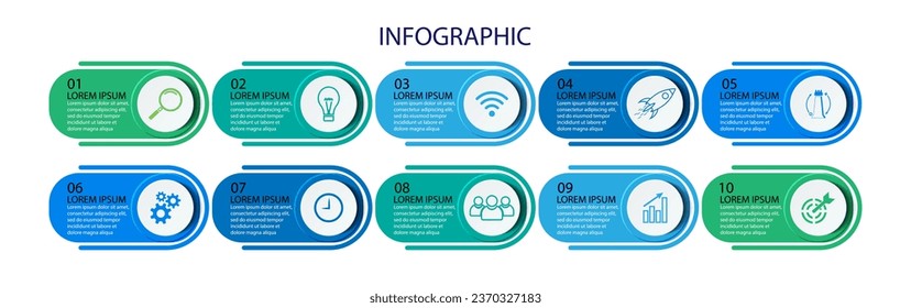 Business Infographic Template Design. Timeline with 10 marketing steps, options and icons. Vector linear infographic with ten connected elements. Can be used for presentations in your business.