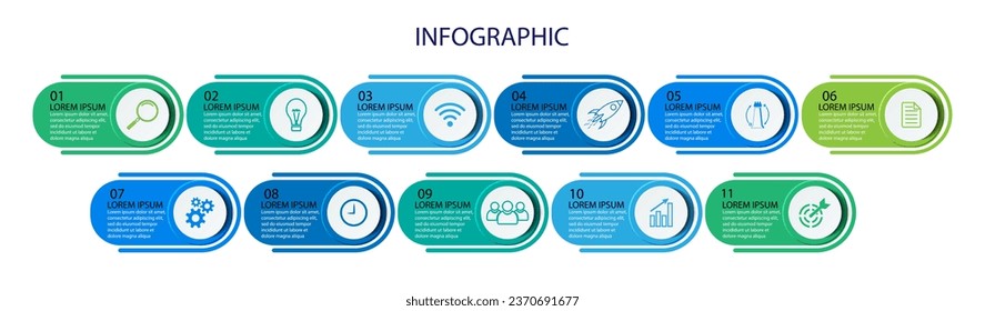 Business Infographic Template Design. Timeline with 11 marketing steps, options and icons. Vector linear infographic with eleven connected elements. Can be used for presentations in your business.