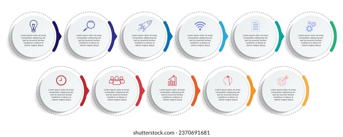 Diseño de plantillas de Infografía Empresarial. Línea de tiempo con 11 pasos de marketing, opciones e iconos. Infografía lineal vectorial con once elementos conectados. Se puede usar para presentaciones en su negocio.