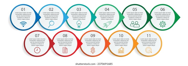 Business Infographic Template Design. Timeline with 11 marketing steps, options and icons. Vector linear infographic with eleven connected elements. Can be used for presentations in your business.