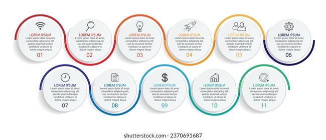 Business Infographic Template Design. Timeline with 11 marketing steps, options and icons. Vector linear infographic with eleven connected elements. Can be used for presentations in your business.