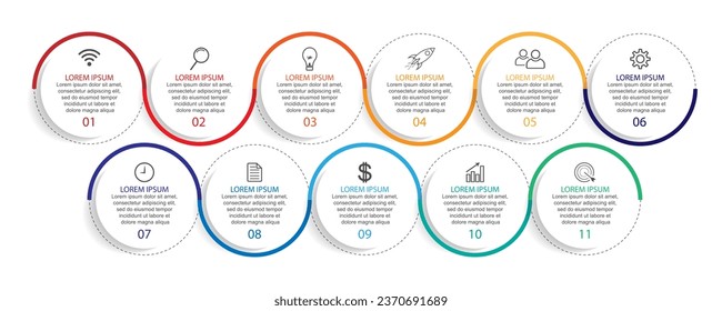 Business Infographic Template Design. Timeline with 11 marketing steps, options and icons. Vector linear infographic with eleven connected elements. Can be used for presentations in your business.