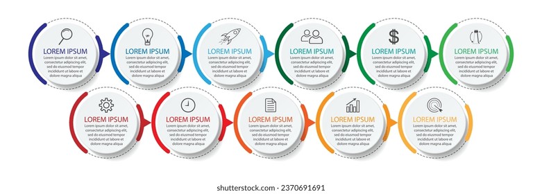 Business Infographic Template Design. Timeline with 11 marketing steps, options and icons. Vector linear infographic with eleven connected elements. Can be used for presentations in your business.