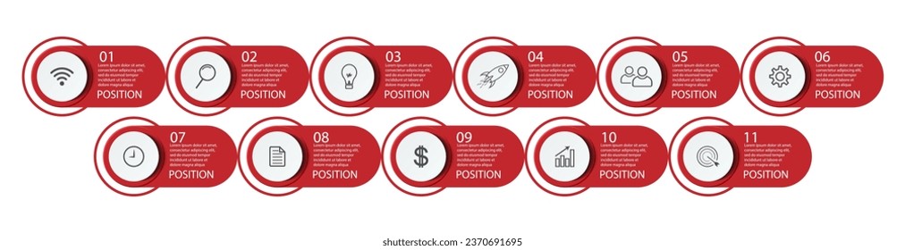 Business Infographic Template Design. Timeline with 11 marketing steps, options and icons. Vector linear infographic with eleven connected elements. Can be used for presentations in your business.