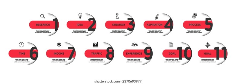 Business Infographic Template Design. Timeline with 11 marketing steps, options and icons. Vector linear infographic with eleven connected elements. Can be used for presentations in your business.