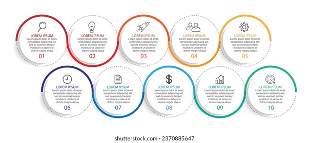 Business Infographic Template Design. Timeline with 10 marketing steps, options and icons. Vector linear infographic with ten connected elements. Can be used for presentations in your business.