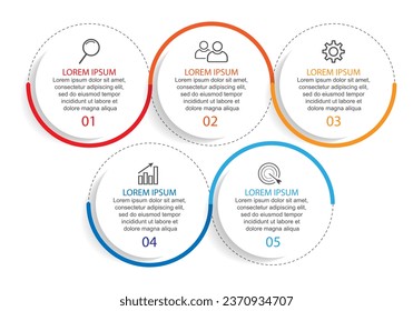 Diseño de plantillas de Infografía Empresarial. Línea de tiempo con 5 pasos de marketing, opciones e iconos. Infografía lineal vectorial con cinco elementos conectados. Se puede usar para presentaciones en su negocio.