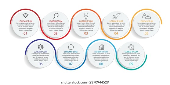 Business Infographic Template Design. Timeline with 9 marketing steps, options and icons. Vector linear infographic with nine connected elements. Can be used for presentations in your business.