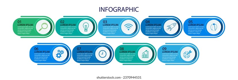 Business Infographic Template Design. Timeline with 9 marketing steps, options and icons. Vector linear infographic with nine connected elements. Can be used for presentations in your business.