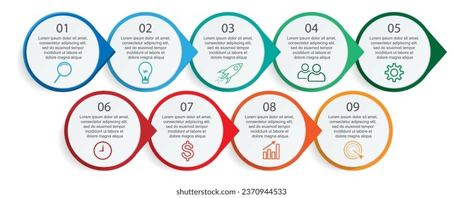 Business Infographic Template Design. Timeline with 9 marketing steps, options and icons. Vector linear infographic with nine connected elements. Can be used for presentations in your business.