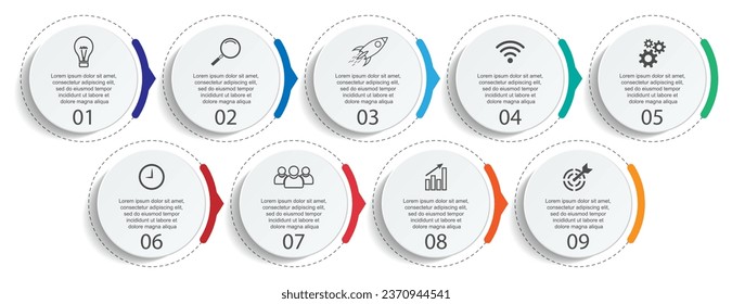 Business Infographic Template Design. Timeline with 9 marketing steps, options and icons. Vector linear infographic with nine connected elements. Can be used for presentations in your business.