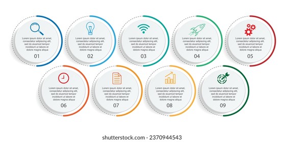 Business Infographic Template Design. Timeline with 9 marketing steps, options and icons. Vector linear infographic with nine connected elements. Can be used for presentations in your business.