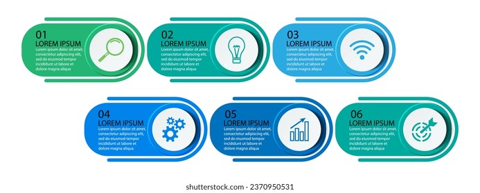 Business Infographic Template Design. Timeline with 6 marketing steps, options and icons. Vector linear infographic with six connected elements. Can be used for presentations in your business.
