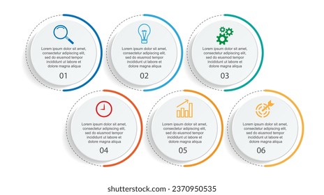 Business Infographic Template Design. Timeline with 6 marketing steps, options and icons. Vector linear infographic with six connected elements. Can be used for presentations in your business.