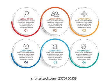 Diseño de plantillas de Infografía Empresarial. Línea de tiempo con 6 pasos de marketing, opciones e iconos. Infografía lineal vectorial con seis elementos conectados. Se puede usar para presentaciones en su negocio.