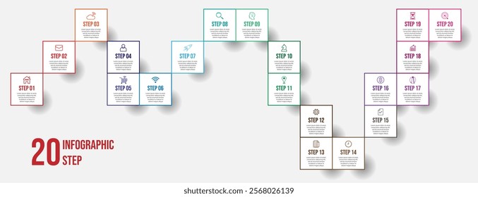 Business Infographic Template Design. Timeline with 20 marketing steps, options and icons. Vector linear infographic with eleven connected elements. Can be used for presentations in your business.