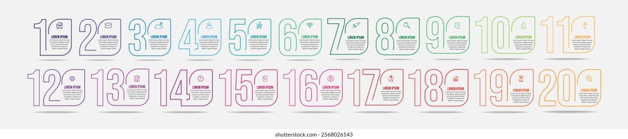 Business Infographic Template Design. Timeline with 20 marketing steps, options and icons. Vector linear infographic with eleven connected elements. Can be used for presentations in your business.