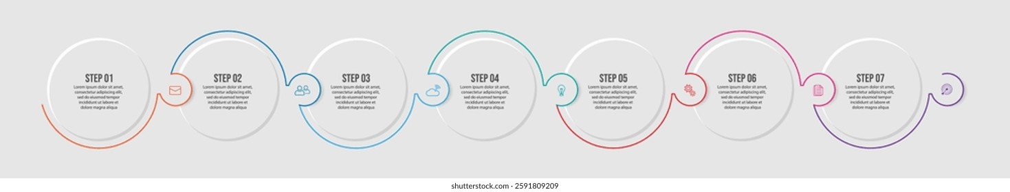Business Infographic Template Design. Timeline with 7 marketing steps, options and icons. Vector linear infographic with eleven connected elements. Can be used for presentations in your business.