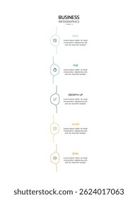 Plantilla de infografía de negocios que muestra cinco pasos de Vertical conectados por una línea sinuosa con un gradiente de verde azulado a oro. Cada paso cuenta con un icono de línea delgada, un título y un área de texto.