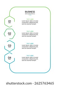 Business infographic template displaying four vertical, numbered hexagons connected to a rounded rectangle with a gradient outline from light green to blue. Each hexagon is labeled "STEP".