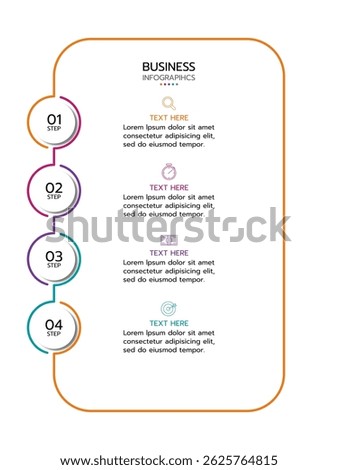 Business infographic template displaying four vertical, numbered circles connected to a rounded rectangle with a gradient outline from orange to teal. Each circle is labeled 