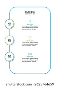 Business infographic template displaying three vertical, numbered circles connected to a rounded rectangle with a gradient outline from light green to blue. Each circle is labeled "STEP".