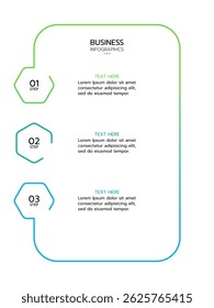 Business infographic template displaying three vertical, numbered hexagons connected to a rounded rectangle with a gradient outline from light green to blue. Each hexagon is labeled "STEP".