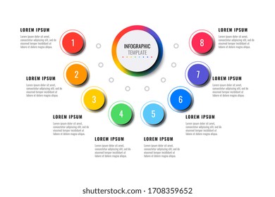 business infographic template with eight round realistic elements on a white background. modern vector data visualisation with textboxes. easy to edit and customize. eps10