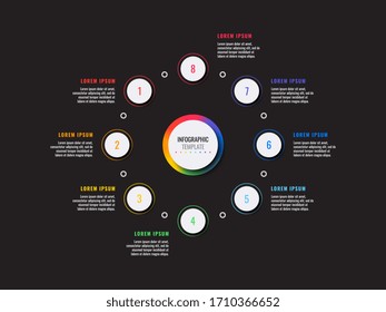 business infographic template with eight round realistic elements on a black background. modern vector data visualisation with textboxes. easy to edit and customize. eps10