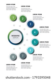 Business infographic template with eight round realistic elements on a white background. Modern vertical progress visualisation with options and descriptions. Vector illustration eps10