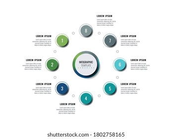 Business infographic template with eight round realistic elements on a white background. Modern process progress visualisation with options and descriptions. Vector illustration eps10