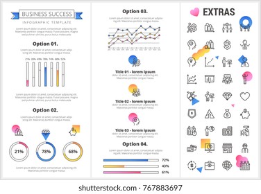 Business infographic template, elements and icons. Infograph includes customizable graphs, four options, line icon set with business worker, successful businessman, corporate leader, conference etc.