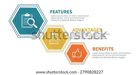 Business infographic template with features advantages and benefits sections connected by geometric elements for presentations reports and corporate marketing materials