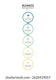 Modelo de infográfico de negócios com cinco círculos verticais conectados com um gradiente de contornos azul a amarelo. Cada círculo contém um ícone e um texto de espaço reservado.