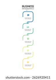 Business infographic template featuring five vertical, connected rounded rectangles with a gradient outline from blue to yellow. Each rounded rectangle contains an icon and placeholder text.