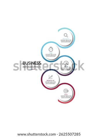 Business infographic template featuring five connected circles arranged in a winding vertical flow with a gradient from light blue to red outlines. Each circle contains a thin line icon and text area.