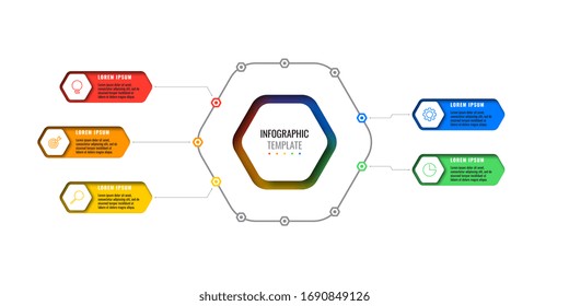 business infographic template with five hexagonal elements with thin line icons on white background. modern diagram with geometric holes in paper. vector visualisation for presentations