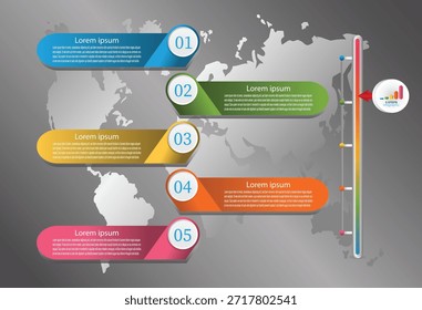 Una Plantilla de infografía de negocios con cinco pasos numerados, Anuncios coloridos y una línea de tiempo sobre un fondo del mapa del mundo. Infografía de cinco pasos del proceso de negocio. 
