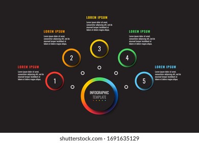 plantilla de infografía empresarial con cinco elementos realistas redondos sobre un fondo negro. visualización moderna de datos vectoriales con cuadros de texto. fácil de editar y personalizar. Pasos10