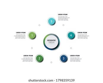 Business infographic template with five round realistic elements on a white background. Modern process progress visualisation with options and descriptions. Vector illustration eps10