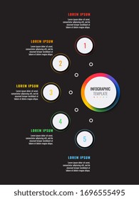 business infographic template with five white round realistic elements on a black background. modern vector data visualisation with textboxes. easy to edit and customize. eps10