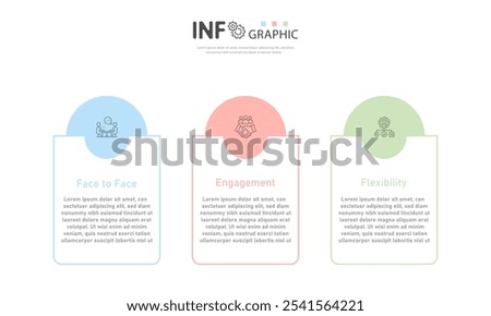 Business infographic template, flow chart with 3 options, strategic plan to define company value, project management schedule to create facts and statistics.