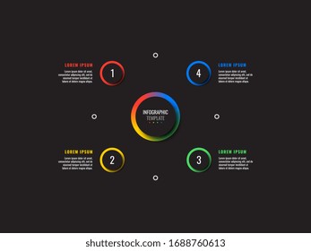 business infographic template with four round realistic elements on a black background. modern vector data visualisation with textboxes. easy to edit and customize. eps10