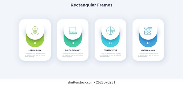 Business infographic template with four steps. Rectangular frames in a horizontal row. Suitable for business presentation, annual report and creative process explaining. Vector illustration.