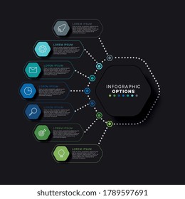Plantilla infográfica de negocio con elementos hexagonales relistas en colores planos sobre un fondo negro. Datos modernos de visualización de la información de procesos corporativos con varias opciones. Concepto Vector eps10