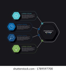 Business infographic template with hexagonal relistic elements in flat colors on a black background. Modern corporate process information visualisation data with several options. Vector eps10 concept